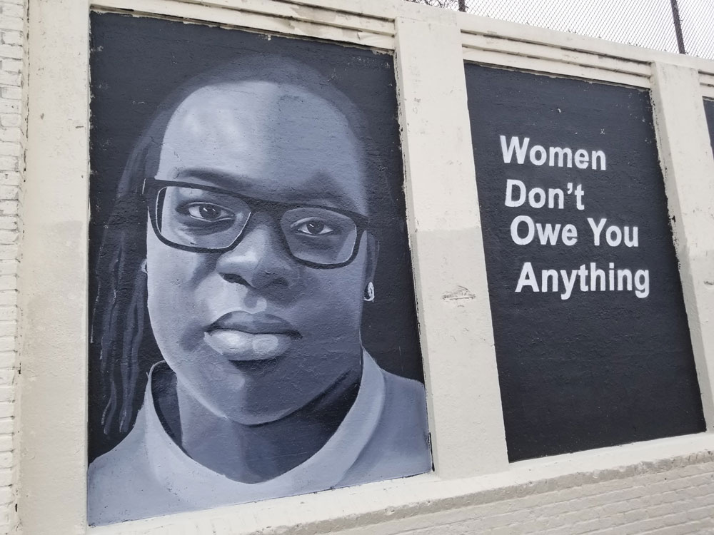 Public Artist in Residence (PAIR) with NYC Commission on Human Rights Tatyana Fazlalizadeh mural at Daniel O’Connell Park, Queens. Photo courtesy of NYC Department of Cultural Affairs.